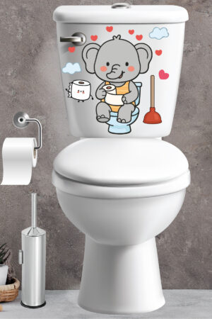 Klozet Sticker Sevimli Fil Kalpler ve Bulutlar Temalı Banyo Tuvalet Sticker - Görsel 4
