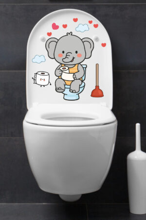 Klozet Sticker Sevimli Fil Kalpler ve Bulutlar Temalı Banyo Tuvalet Sticker - Görsel 5