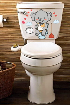 Klozet Sticker Sevimli Fil Kalpler ve Bulutlar Temalı Banyo Tuvalet Sticker - Görsel 6