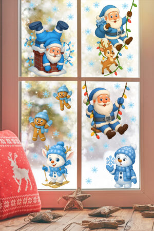 Yılbaşı Sticker Seti Mavi Seri – Sevimli Noel Baba, Kardan Adam, Geyik ve Kar Tanesi Pencere Süsü  ❄️ - Görsel 3