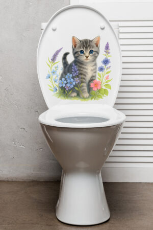 Klozet Sticker Sevimli Kedi ve Çiçek Desenli Suya Dayanıklı Çıkarılabilir Banyo Dekoru - Görsel 6