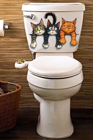 Klozet Sticker Üç Sevimli Yaramaz Kedi Deseniyle Eğlenceli Banyo Sticker Seti - Görsel 3
