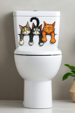 Klozet Sticker Üç Sevimli Yaramaz Kedi Deseniyle Eğlenceli Banyo Sticker Seti - Görsel 4