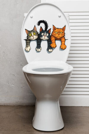 Klozet Sticker Üç Sevimli Yaramaz Kedi Deseniyle Eğlenceli Banyo Sticker Seti - Görsel 5