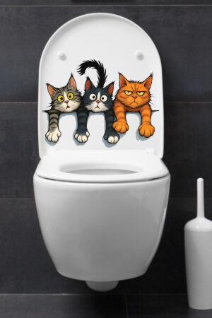 Klozet Sticker Üç Sevimli Yaramaz Kedi Deseniyle Eğlenceli Banyo Sticker Seti - Görsel 6