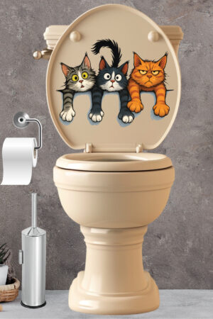 Klozet Sticker Üç Sevimli Yaramaz Kedi Deseniyle Eğlenceli Banyo Sticker Seti - Görsel 7