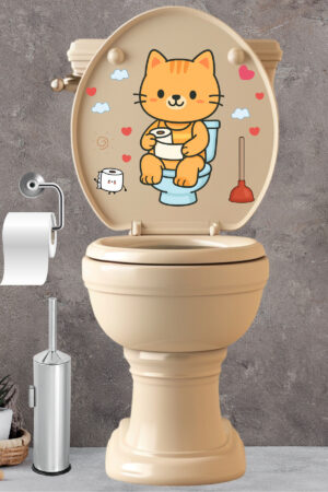 Klozet Sticker Sevimli Kedi Kalpler ve Bulutlar Temalı Banyo Tuvalet Sticker - Görsel 3
