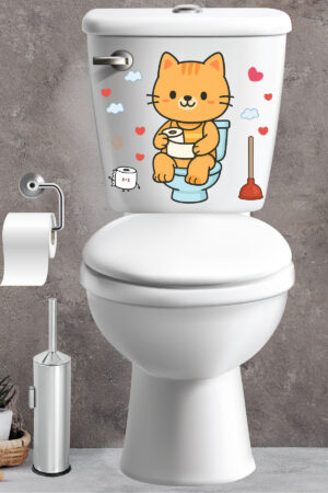 Klozet Sticker Sevimli Kedi Kalpler ve Bulutlar Temalı Banyo Tuvalet Sticker - Görsel 7