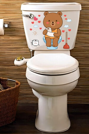 Klozet Sticker Sevimli Ayıcık Kalpler ve Bulutlar Temalı Banyo Tuvalet Sticker - Görsel 3