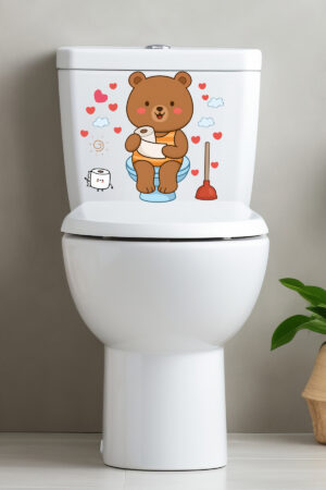 Klozet Sticker Sevimli Ayıcık Kalpler ve Bulutlar Temalı Banyo Tuvalet Sticker - Görsel 4