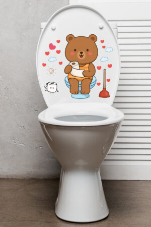 Klozet Sticker Sevimli Ayıcık Kalpler ve Bulutlar Temalı Banyo Tuvalet Sticker - Görsel 5