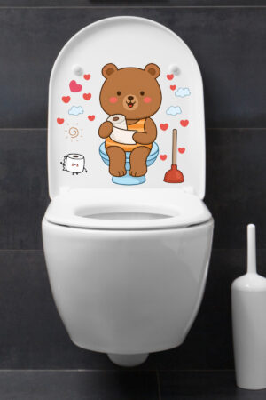 Klozet Sticker Sevimli Ayıcık Kalpler ve Bulutlar Temalı Banyo Tuvalet Sticker - Görsel 6