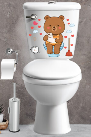 Klozet Sticker Sevimli Ayıcık Kalpler ve Bulutlar Temalı Banyo Tuvalet Sticker - Görsel 7