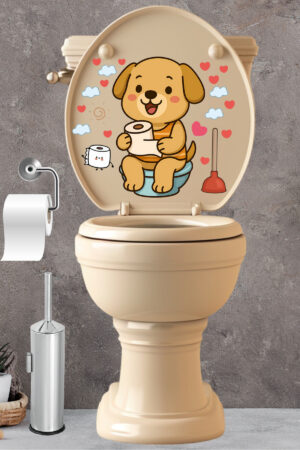 Klozet Sticker Sevimli Köpek Kalpler ve Bulutlar Temalı Banyo Tuvalet Sticker - Görsel 5