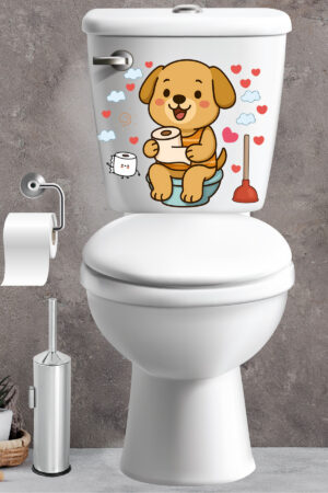 Klozet Sticker Sevimli Köpek Kalpler ve Bulutlar Temalı Banyo Tuvalet Sticker - Görsel 6