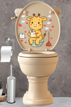 Klozet Sticker Sevimli Zürafa Kalpler ve Bulutlar Temalı Banyo Tuvalet Sticker - Görsel 3