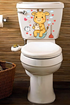 Klozet Sticker Sevimli Zürafa Kalpler ve Bulutlar Temalı Banyo Tuvalet Sticker - Görsel 4