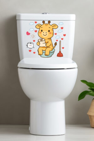 Klozet Sticker Sevimli Zürafa Kalpler ve Bulutlar Temalı Banyo Tuvalet Sticker - Görsel 5
