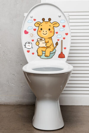 Klozet Sticker Sevimli Zürafa Kalpler ve Bulutlar Temalı Banyo Tuvalet Sticker - Görsel 6